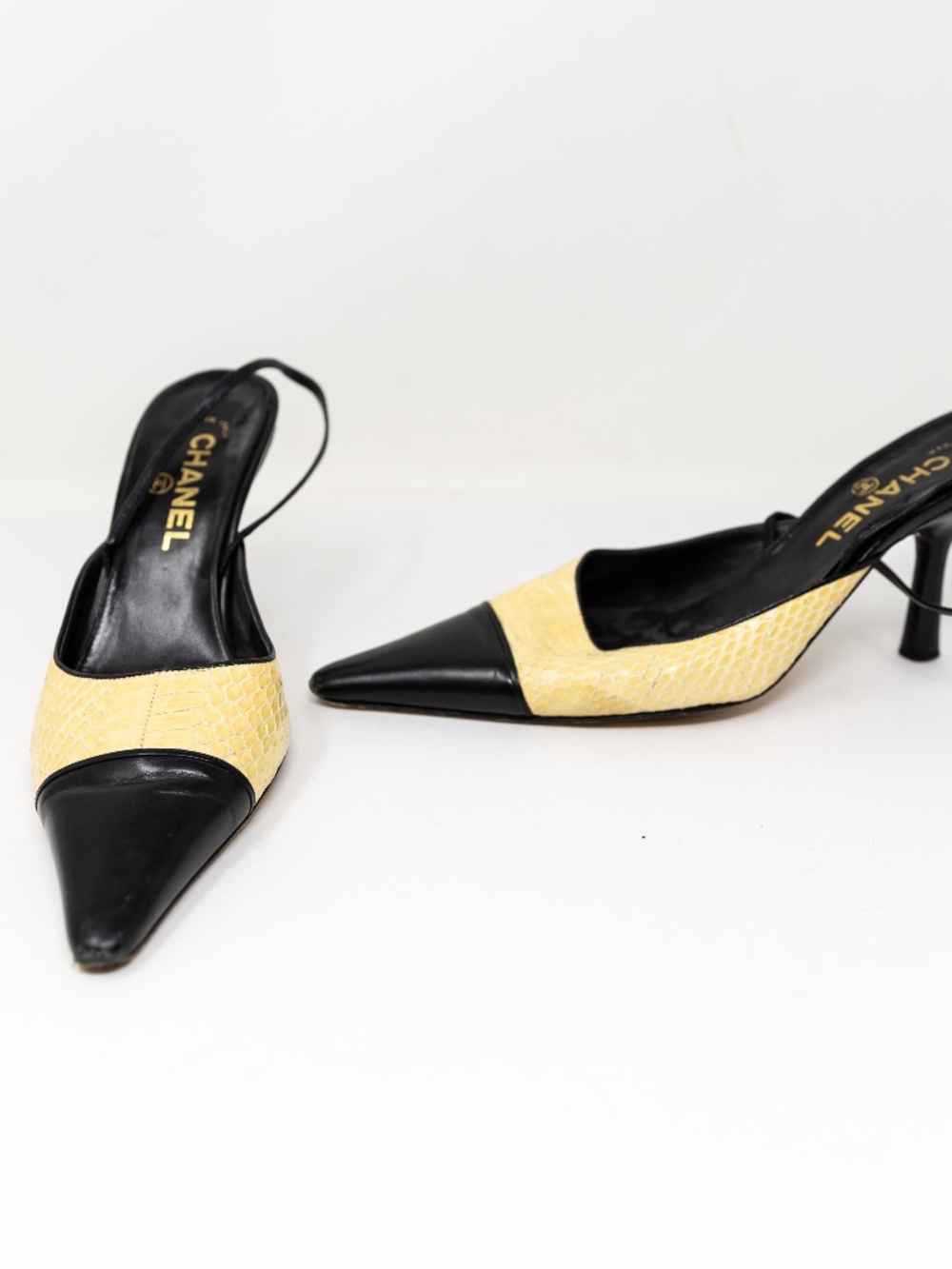 Chanel Women's Made In Italy Genuine Leather Snake Embossed Slingback Pumps Heel